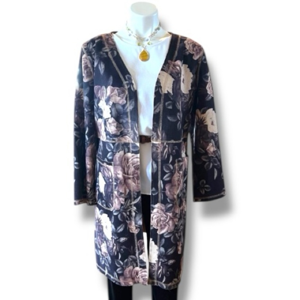 Solitaire Antropologie Open Front Faux Suede Black & Floral Jacket Large Perfect